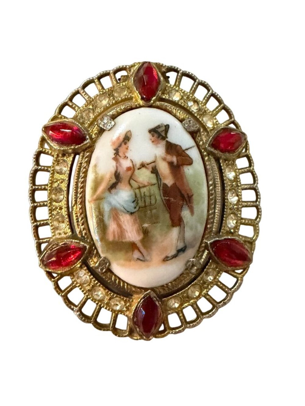 Vintage Victorian Couple Porcelain Portrait Dress Clip Red Rhinestones